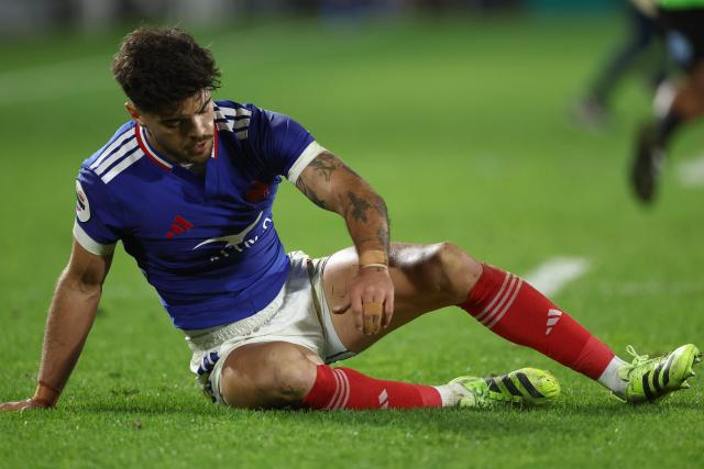 France's fly-half #10 Romain Ntamack reacts during the Autumn Nations Series international rugby union test match between France and Fiji, at the Atlantic Stadium Bordeaux Metropole, in Bordeaux, south-western France on November 15, 2025. (Photo by ROMAIN PERROCHEAU / AFP)