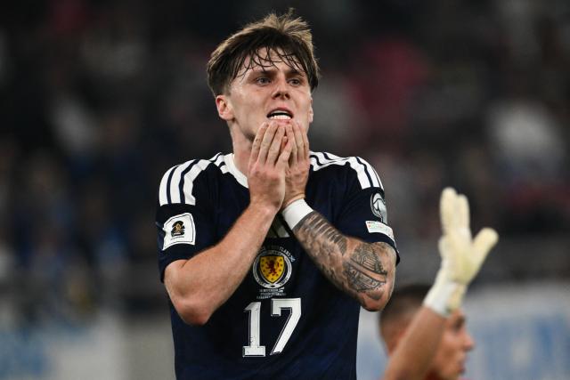 Scotland's forward #17 Ben Gannon-Doak reacts during the FIFA World Cup 2026 Group C European qualification football match between Greece and Scotland at the Karaiskakis Stadium in Piraeus, on November 15, 2025. (Photo by Angelos TZORTZINIS / AFP)