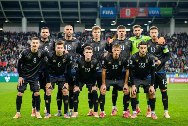 Kosovo's players pose for a team photograph ahead of the FIFA World Cup 2026 Group B European qualification football match between Slovenia and Kosovo at the Stozice Stadium in Ljubljana, on November 15, 2025. (Photo by Jure Makovec / AFP)