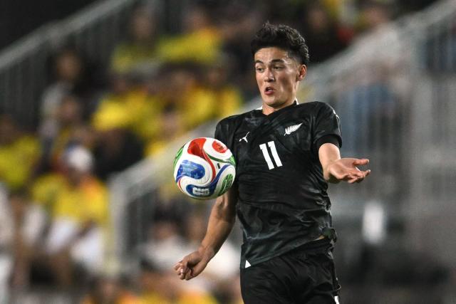 New Zealand's forward #11 Elijah Just controls the ball during the international friendly football match between Colombia and New Zealand at Chase Stadium in Fort Lauderdale, Florida, on November 15, 2025. (Photo by CHANDAN KHANNA / AFP)