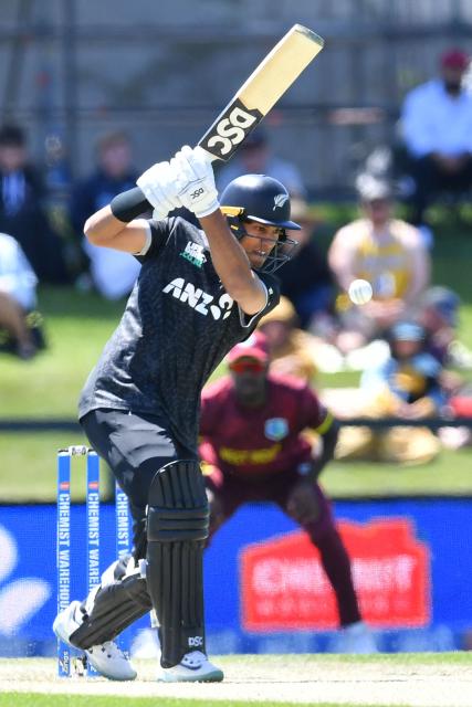 New Zealand's Rachin Ravindra bats during the first one-day international cricket match between New Zealand and West Indies at Hagley Oval in Christchurch on November 16, 2025. (Photo by Sanka Vidanagama / AFP)