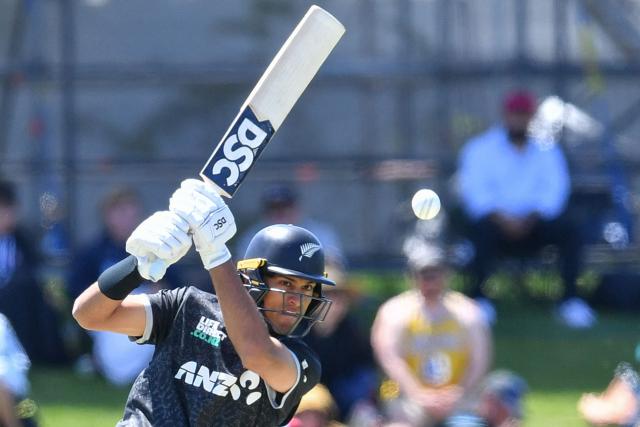 New Zealand's Rachin Ravindra bats during the first one-day international cricket match between New Zealand and West Indies at Hagley Oval in Christchurch on November 16, 2025. (Photo by Sanka Vidanagama / AFP)