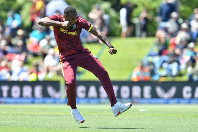 West Indies' Matthew Forde celebrates the dismissal of New Zealand's Will Young during the first one-day international cricket match between New Zealand and West Indies at Hagley Oval in Christchurch on November 16, 2025. (Photo by Sanka Vidanagama / AFP)