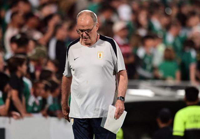 Uruguay's head coach Marcelo Bielsa gestures after the international friendly football match between Mexico and Uruguay at Corona stadium in Torreon, Coahuila State, Mexico on November 15, 2025. (Photo by ANDRES HERRERA / AFP)
