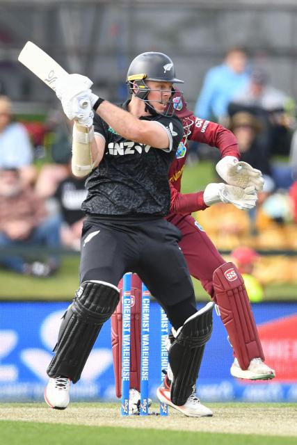 New Zealand's Michael Bracewell bats during the first one-day international cricket match between New Zealand and West Indies at Hagley Oval in Christchurch on November 16, 2025. (Photo by Sanka Vidanagama / AFP)
