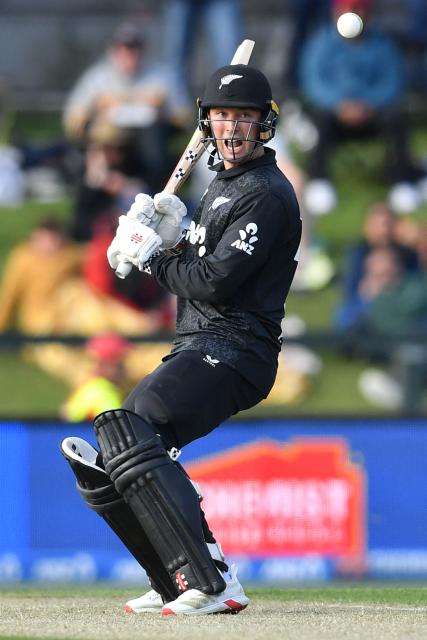 New Zealand's Zak Foulkes bats during the first one-day international cricket match between New Zealand and West Indies at Hagley Oval in Christchurch on November 16, 2025. (Photo by Sanka Vidanagama / AFP)