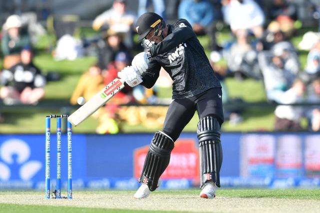 New Zealand's Zak Foulkes bats during the first one-day international cricket match between New Zealand and West Indies at Hagley Oval in Christchurch on November 16, 2025. (Photo by Sanka Vidanagama / AFP)