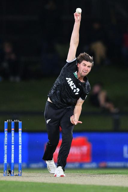 New Zealand's Zak Foulkes bowls during the first one-day international cricket match between New Zealand and West Indies at Hagley Oval in Christchurch on November 16, 2025. (Photo by Sanka Vidanagama / AFP)