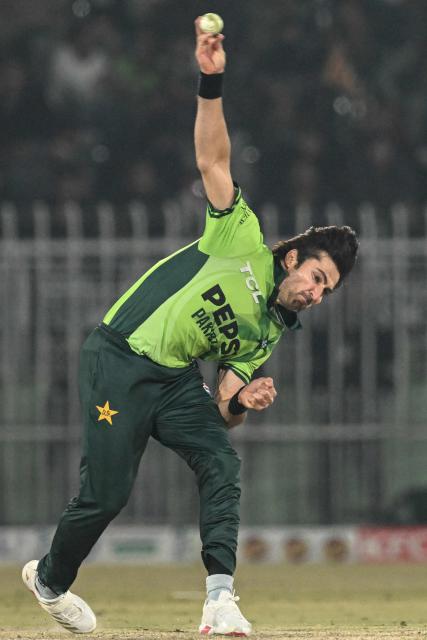 Pakistan's Mohammad Wasim bowls during the third one-day international (ODI) cricket match between Pakistan and Sri Lanka at the Rawalpindi Cricket Stadium in Rawalpindi on November 16, 2025. (Photo by Aamir QURESHI / AFP)