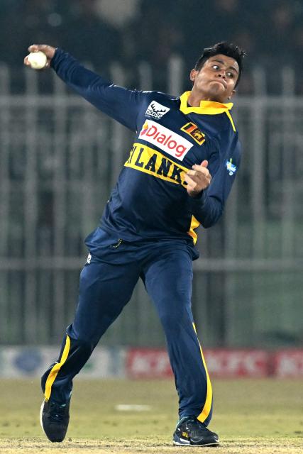 Sri Lanka's Jeffrey Vandersay bowls during the third one-day international (ODI) cricket match between Pakistan and Sri Lanka at the Rawalpindi Cricket Stadium in Rawalpindi on November 16, 2025. (Photo by Aamir QURESHI / AFP)