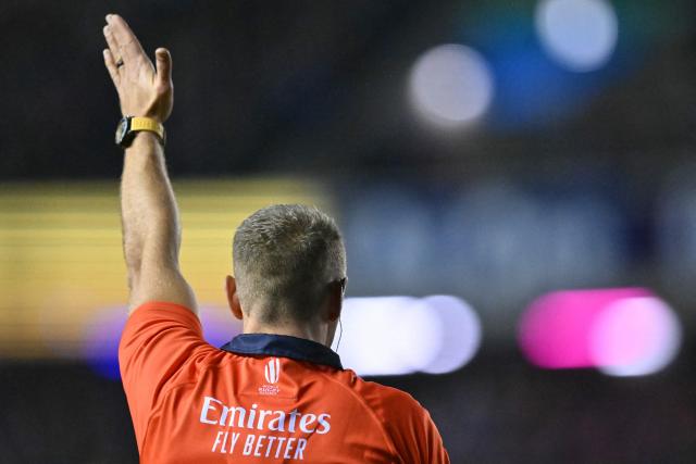 Irish referee Andrew Brace indicates another Argentina try during the Autumn Nations Series international rugby union match between Scotland and Argentina at Murrayfield in Edinburgh on November 16, 2025. (Photo by ANDY BUCHANAN / AFP)