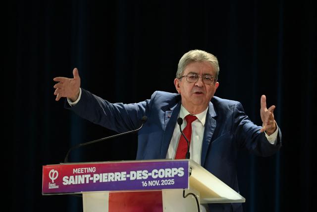 Founder of French left-wing party La France Insoumise (LFI) Jean-Luc Melenchon gestures as he gives a speech during a LFI meeting in Saint-Pierre-des-Corps, central France, on November 16, 2025. (Photo by JEAN-FRANCOIS MONIER / AFP)