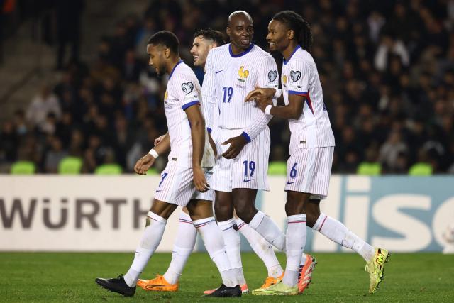 France's midfielder #06 Khephren Thuram celebrates after scoring the team's third goal during the FIFA World Cup 2026 European qualification football match between Azerbaijan and France at the Tofiq Bahramov Republican Stadium in Baku on November 16, 2025. (Photo by FRANCK FIFE / AFP)