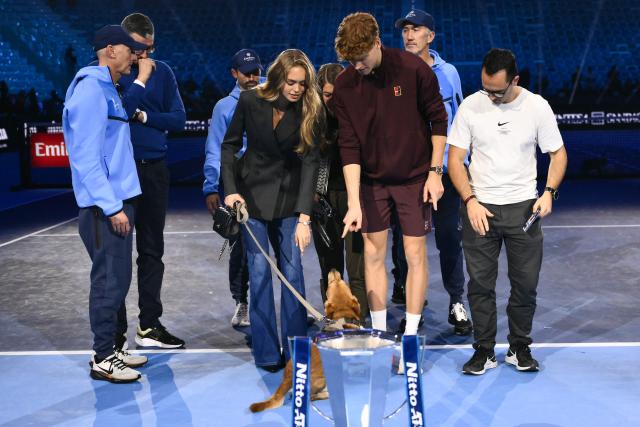 Italy's Jannik Sinner and his girldfriend Laila Hasanovic adress their dog at the end of the men's single final match at the ATP Finals tennis tournament, in Turin, on November 16, 2025. (Photo by Marco BERTORELLO / AFP)
