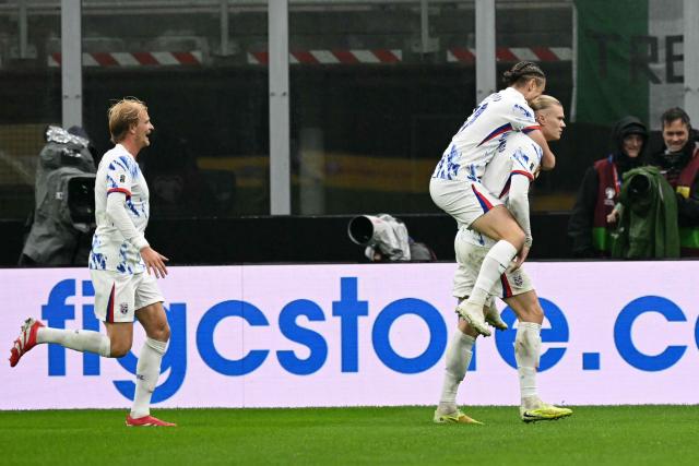 Norway's  captain #09 Erling Braut Haaland celebrates scoring his team's second goal during the FIFA World Cup 2026 European qualification football match between Italy and Norway, at the San Siro Stadium, in Milan, on November 16, 2025. (Photo by Stefano RELLANDINI / AFP)