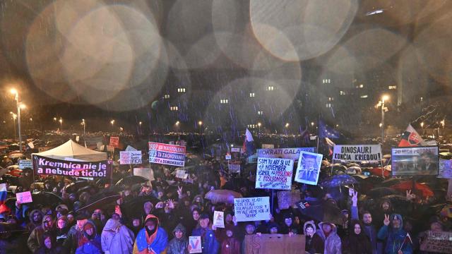 Demonstrators attend a protest against the government of Slovakia's nationalist Kremlin-friendly Prime Minister Robert Fico on November 17, 2025 in Bratislava, Slovakia. Students of a highscool in Poprad had left the room during a speech of Fico on November 14, 2025 at their institution to signal dissent. Czechs and Slovaks rally in both countries, the anniversary of the 1989 Velvet Revolution that toppled communism in former Czechoslovakia, to denounce the leaders they say have betrayed its legacy. On November 17, 1989, communist police brutally crushed a peaceful student march in the centre of Prague, sparking an uprising that toppled the Moscow-steered regime after four decades. Like in the other Soviet-bloc countries at the time, the revolution restored democracy in Czechoslovakia, which then split into the Czech Republic and Slovakia four years later. (Photo by Joe Klamar / AFP)