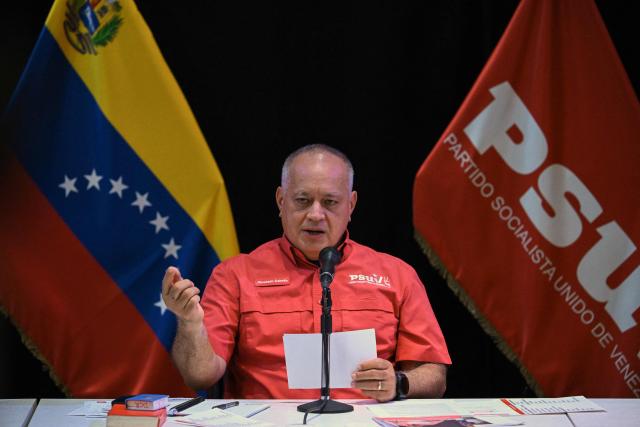 Venezuela's Minister of Interior Relations, Justice, and Peace, Diosdado Cabello, speaks during a press conference of the United Socialist Party of Venezuela (PSUV) in Caracas, on November 17, 2025. (Photo by Federico PARRA / AFP)