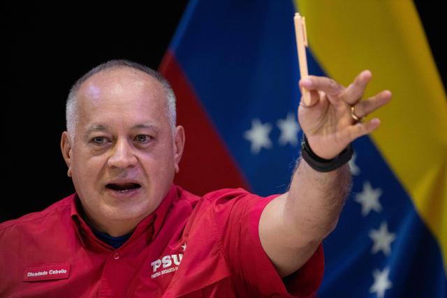 Venezuela's Minister of Interior Relations, Justice, and Peace, Diosdado Cabello, gestures as he speaks during a press conference of the United Socialist Party of Venezuela (PSUV) in Caracas, on November 17, 2025. (Photo by Federico PARRA / AFP)