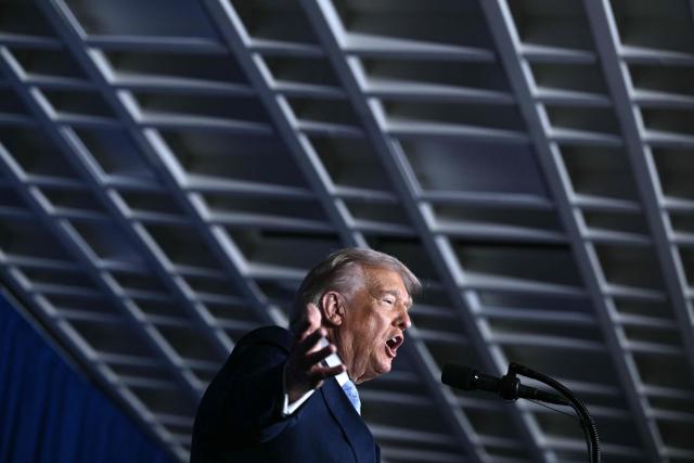 US President Donald Trump delivers remarks at McDonald's Impact Summit in Washington, DC on November 17, 2025. (Photo by Brendan SMIALOWSKI / AFP)