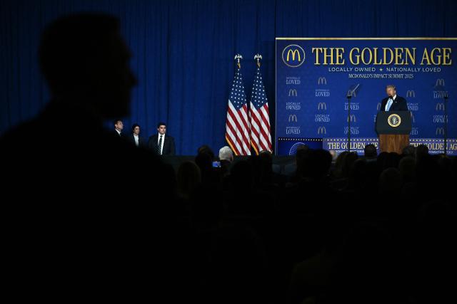US President Donald Trump delivers remarks at McDonald's Impact Summit in Washington, DC on November 17, 2025. (Photo by Brendan SMIALOWSKI / AFP)