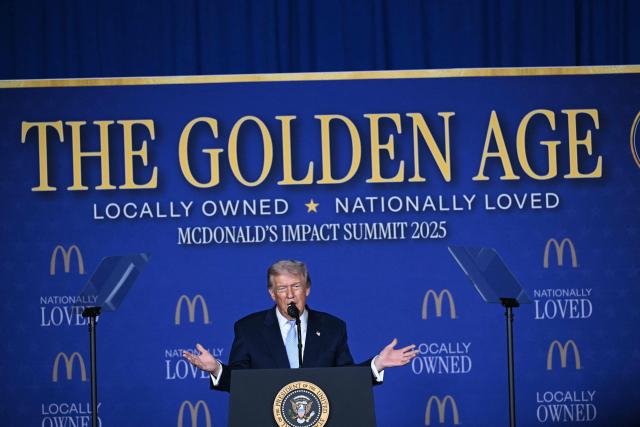 US President Donald Trump delivers remarks at McDonald's Impact Summit in Washington, DC on November 17, 2025. (Photo by Brendan SMIALOWSKI / AFP)
