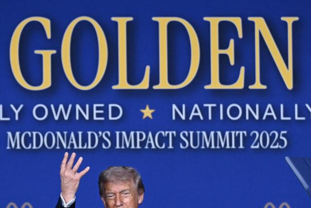 US President Donald Trump delivers remarks at McDonald's Impact Summit in Washington, DC on November 17, 2025. (Photo by Brendan SMIALOWSKI / AFP)