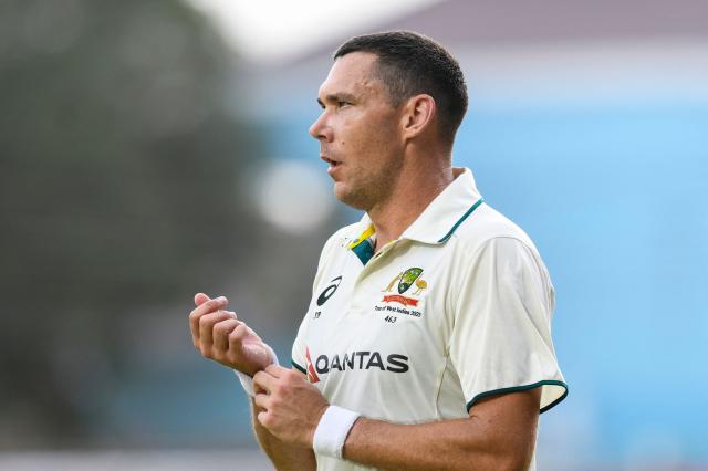 (FILES) Australia's Scott Boland looks on after taking three wickets for 34 runs during the second day of the third Test cricket match between West Indies and Australia at Sabina Park in Kingston, Jamaica, on July 13, 2025. Australia might be without star quicks Pat Cummins and Josh Hazlewood for the opening Ashes Test against England on November 21, 2025, but they have the luxury of calling on perhaps the best "spare" fast bowler in the world. (Photo by Randy Brooks / AFP) / To go with AFP story Cricket-AUS-ENG-Ashes-Boland, PROFILE by Martin Parry