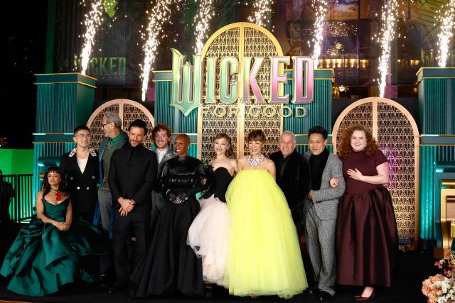 British actress Cynthia Erivo (6th-L), US singer-songwriter Ariana Grande (5th-R) and other cast members attend the premiere of "Wicked: For Good" at Lincoln Center for the Performing Arts in New York on November 17, 2025. (Photo by kena betancur / AFP)