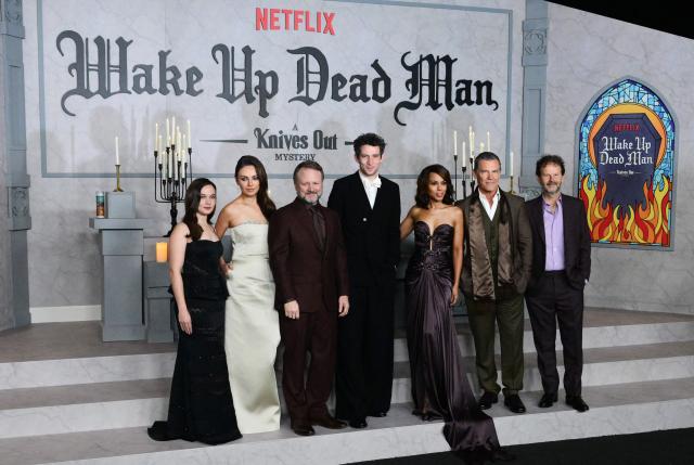 (L/R) Actors Cailee Spaeny, Mila Kunis, writer director and producer Rian Johnson, actors Josh O'Connor, Kerry Washington, Josh Brolin and producer Ram Bergman attend the LA premiere of Netflix's "Wake Up Dead Man: A Knives Out Mystery" at the Academy Museum of Motion Pictures in Los Angeles on November 17, 2025. (Photo by Frederic J. BROWN / AFP)