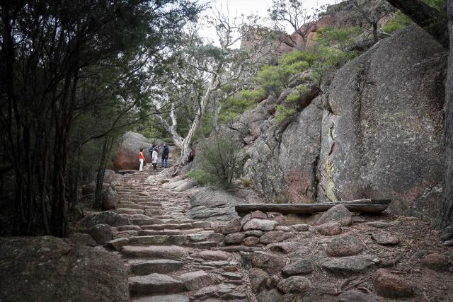 This picture taken on November 5, 2025 shows tourists on steps leading up to a lookout located above Wineglass Bay at Freycinet Peninsula in Tasmania’s Freycinet National Park. (Photo by DAVID GRAY / AFP)
