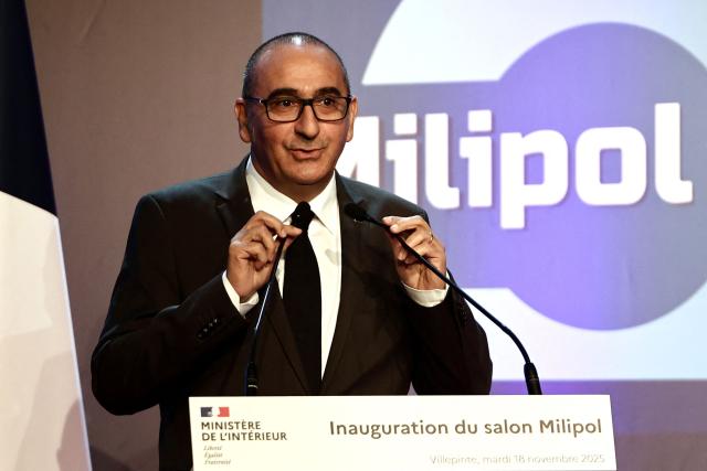 France's Interior Minister Laurent Nunez delivers a speech during the inauguration of the 24th edition of the global exhibition for internal state security - MILIPOL PARIS 2025, at the Parc des Expositions de Paris-Nord-Villepinte exhibition centre in Villepinte, suburb of Paris on November 18, 2025. (Photo by Thibaud MORITZ / AFP)