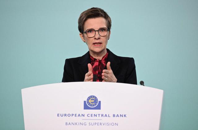Claudia Buch, Chair of the Supervisory Board of the European Central Bank (ECB), addresses a press conference at the ECB headquarters in Frankfurt am Main, western Germany, on November 18, 2025, to present the results of the ECB's Supervisory Review and Evaluation Process (SREP) for 2025 and its supervisory priorities for 2026-28. (Photo by Kirill KUDRYAVTSEV / AFP)