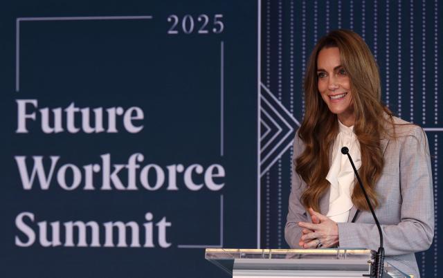 Britain's Catherine, Princess of Wales speaks at The Future Workforce Summit, hosted by The Royal Foundation Business Taskforce for Early Childhood, in London on November 18, 2025. The Summit is set to bring together the UK's most influential business leaders in the hope of driving further action and investment in the early years (Photo by Adrian Dennis / POOL / AFP)
