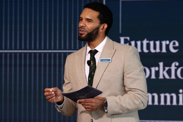 Welsh poet laureate Alex Wharton speaks at The Future Workforce Summit, hosted by The Royal Foundation Business Taskforce for Early Childhood, in London on November 18, 2025. The Summit is set to bring together the UK's most influential business leaders in the hope of driving further action and investment in the early years (Photo by Adrian Dennis / POOL / AFP)