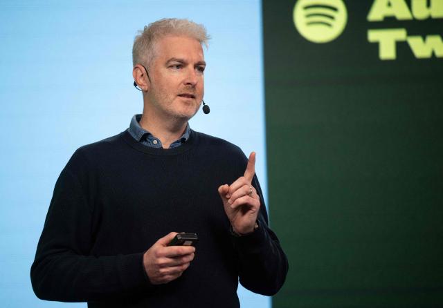 Duncan Bruce, Head of Licensing and Partnerships at Spotify, speaks during Spotify's presentation of a Scandinavian audiobook venture at the company's headquarters in Stockholm, Sweden, on November 18, 2025. (Photo by Fredrik SANDBERG / TT NEWS AGENCY / AFP) / Sweden OUT