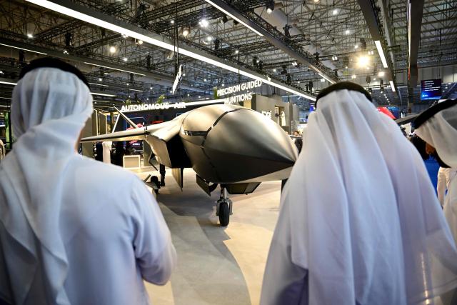 An Edge ADASI JENIAH UCAV is on diplay at Al-Maktoum International Airport during the Dubai Airshow 2025 in Dubai on November 17, 2025. (Photo by Giuseppe CACACE / AFP)