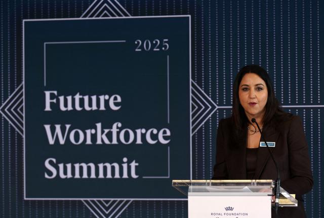 Salesforce UK's CEO Zahra Bahrololoumi speaks at The Future Workforce Summit, hosted by The Royal Foundation Business Taskforce for Early Childhood, in London on November 18, 2025. The Summit is set to bring together the UK's most influential business leaders in the hope of driving further action and investment in the early years (Photo by Adrian Dennis / POOL / AFP)