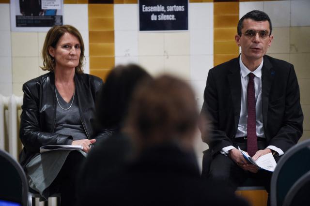 (FILES) Co presidents of the commission Edouard Durand and Nathalie Mathieu (C,R) chair a public meeting organized by the CIIVISE, French acronym for Independent commission on incest and child sexual abuse at the Palais de la Femme in Paris, on February 16, 2022. The Commission on Sexual Violence Against Children ("Commission Independante sur l'Inceste et les Violences Sexuelles faites aux Enfants" CIIVISE) has raised awareness about this ‘mass crime,’ but two years after its recommendations, it is struggling to make concrete progress in the fight against child sexual abuse due to a lack of resources and political support. (Photo by JULIEN DE ROSA / AFP)