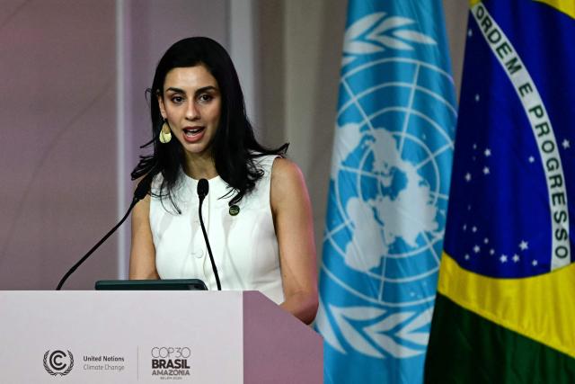 Maria Fernanda Souza, Uruguay's National Director for Climate Change, speaks on behalf of Grupo SUR during the plenary session of the COP30 UN Climate Change Conference in Belem, Para state, Brazil, on November 18, 2025. (Photo by Pablo PORCIUNCULA / AFP)
