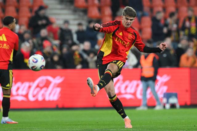 Belgium's forward #17 Charles De Ketelaere kicks the ball ahead of the FIFA World Cup 2026 Group J European qualification football match between Belgium and Liechtenstein at the Maurice-Dufrasne stadium, in Liege, on November 18, 2025. (Photo by NICOLAS TUCAT / AFP)
