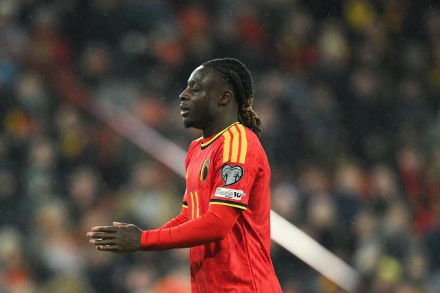 Belgium's forward #11 Jeremy Doku reacts during the FIFA World Cup 2026 Group J European qualification football match between Belgium and Liechtenstein at the Maurice-Dufrasne stadium, in Liege, on November 18, 2025. (Photo by NICOLAS TUCAT / AFP)