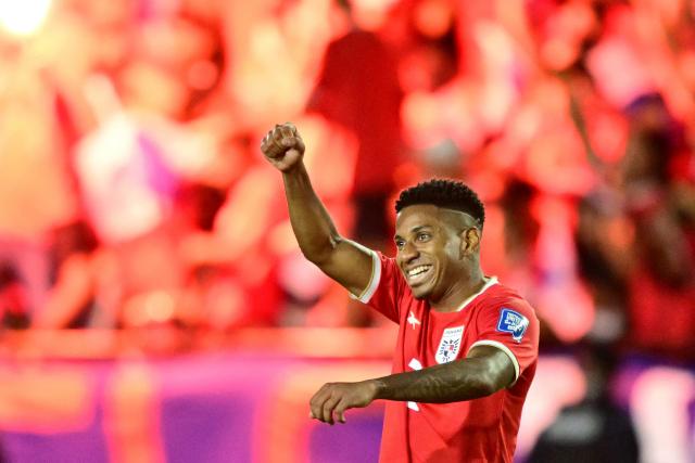 Panama's defender #02 Cesar Blackman celebrates after scoring during the 2026 FIFA World Cup Concacaf qualifier football match between Panama and El Salvador at the Rommel Fernandez Stadium in Panama City on November 18, 2025. (Photo by MARTIN BERNETTI / AFP)