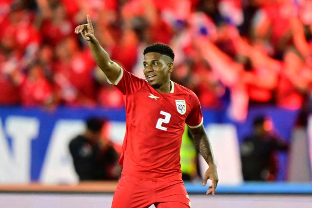 Panama's defender #02 Cesar Blackman celebrates after scoring during the 2026 FIFA World Cup Concacaf qualifier football match between Panama and El Salvador at the Rommel Fernandez Stadium in Panama City on November 18, 2025. (Photo by MARTIN BERNETTI / AFP)