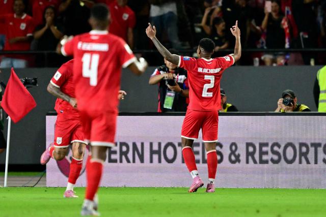 Panama's defender #02 Cesar Blackman celebrates after scoring during the 2026 FIFA World Cup Concacaf qualifier football match between Panama and El Salvador at the Rommel Fernandez Stadium in Panama City on November 18, 2025. (Photo by MARTIN BERNETTI / AFP)
