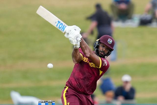 West Indies' John Campbell plays a shot during the second one-day international cricket match between New Zealand and the West Indies at McLean Park in Napier on November 19, 2025. (Photo by Marty MELVILLE / AFP)