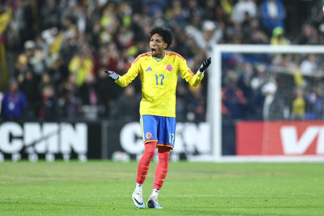 Colombia’s defender #17 Johan Mojica gestures during the international friendly football match between Colombia and Australia at Citifield stadium in the Queens borough of New York City on November 18, 2025. (Photo by CHARLY TRIBALLEAU / AFP)