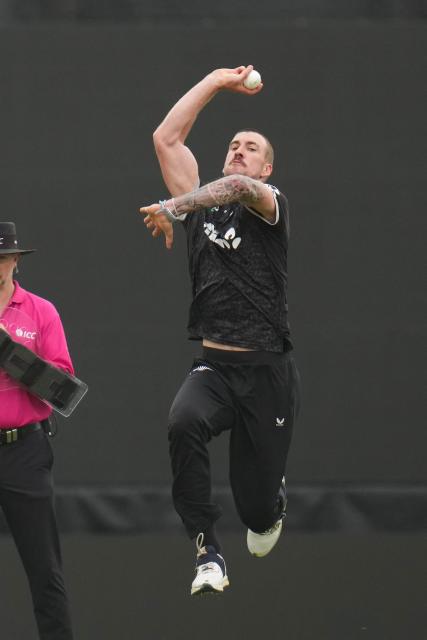 New Zealand' Blair Tickner bowls during the second one-day international cricket match between New Zealand and the West Indies at McLean Park in Napier on November 19, 2025. (Photo by Marty MELVILLE / AFP)