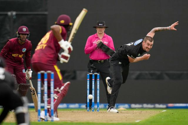 New Zealand' Blair Tickner bowls during the second one-day international cricket match between New Zealand and the West Indies at McLean Park in Napier on November 19, 2025. (Photo by Marty MELVILLE / AFP)