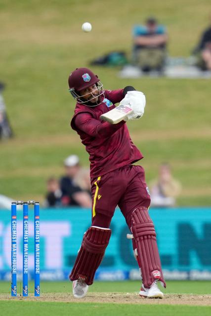 West Indies' captain Shai Hope plays a shot during the second one-day international cricket match between New Zealand and the West Indies at McLean Park in Napier on November 19, 2025. (Photo by Marty MELVILLE / AFP)