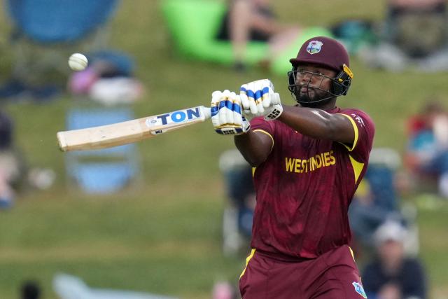 West Indies' Romario Shepherd plays a shot during the second one-day international cricket match between New Zealand and the West Indies at McLean Park in Napier on November 19, 2025. (Photo by Marty MELVILLE / AFP)
